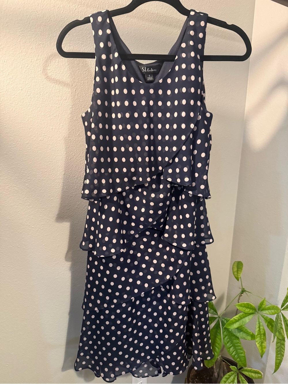 S.L. Fashions Navy and White Polka Dot Sleeveless Dress